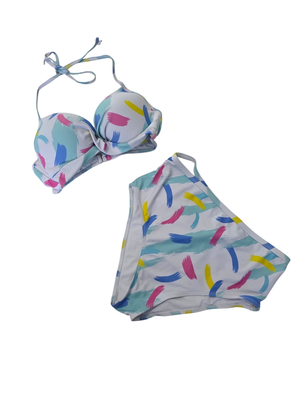 YMI White Bikini Set with Blue, Pink & Yellow Brushstrokes